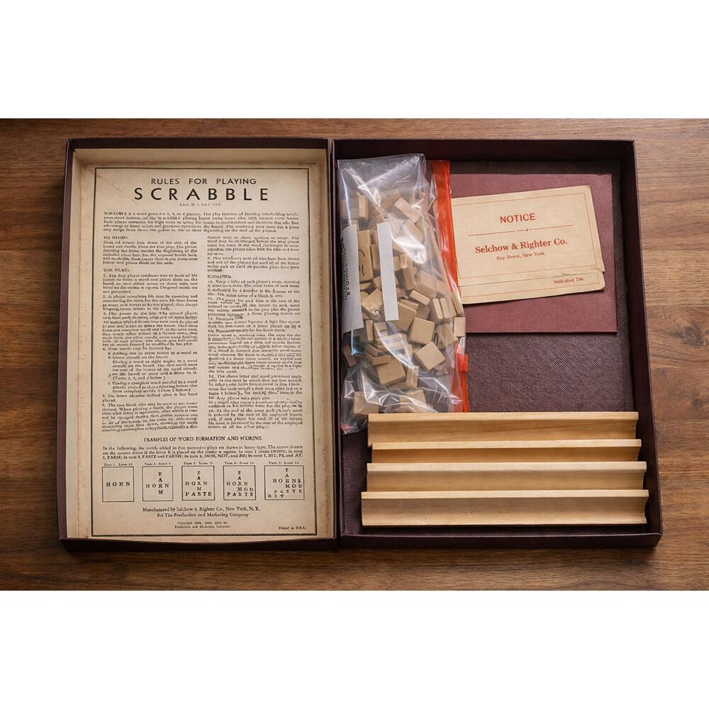 Vintage Scrabble Crossword Game Selchow & Righter Complete 1948-53 Wooden Racks